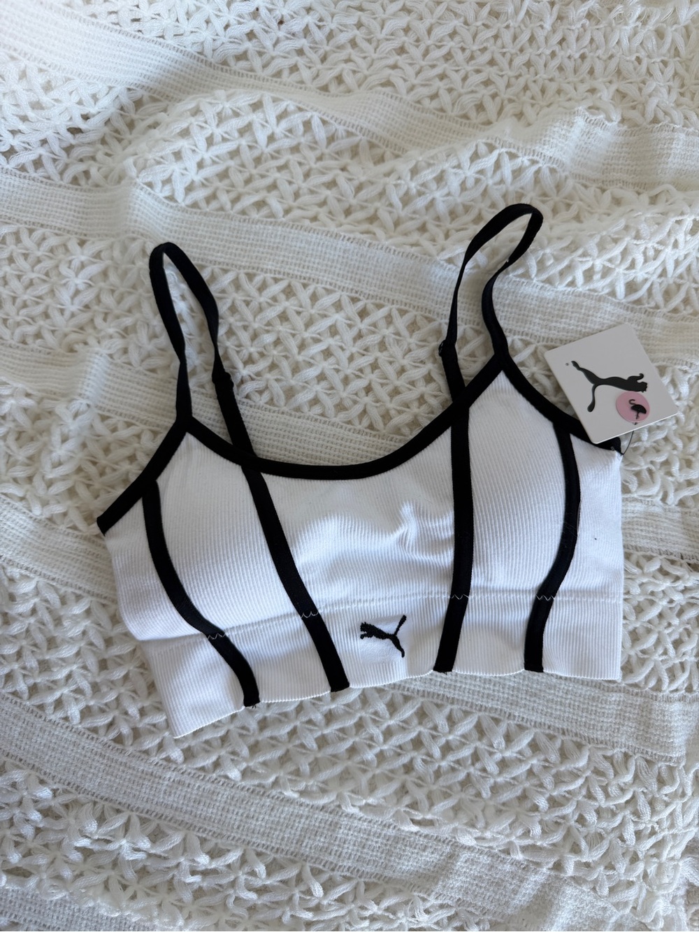 Puma White Ribbed Sports Bralette with Black Contrast